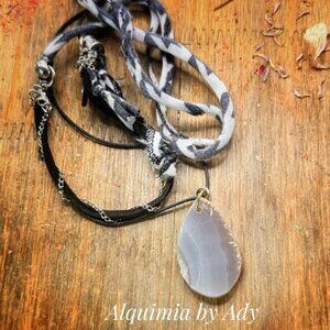 Galore Crazy Lace Agate Slab Necklace • Suede, Silk & Fabric Layers